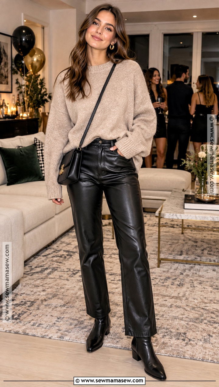 Faux Leather Pants And Oversized Sweater Outfit - 15 Birthday Party Guest Outfit Casual Fall Ideas