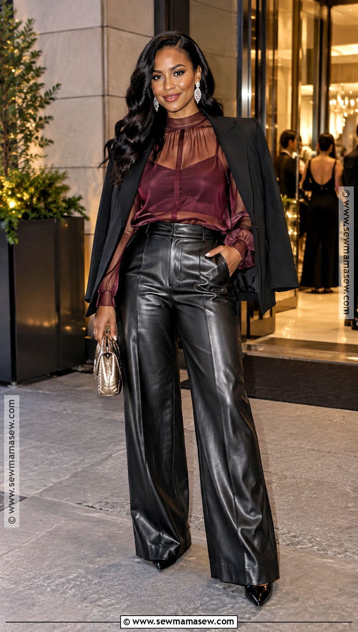 Faux Leather Pants And Sheer Blouse Fall Birthday Outfit - 20 Fall Birthday Fits