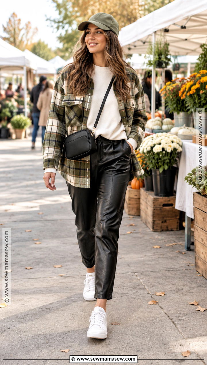 Faux Leather Pants With Shacket And Sneakers - 15 faux leather pants outfit fall