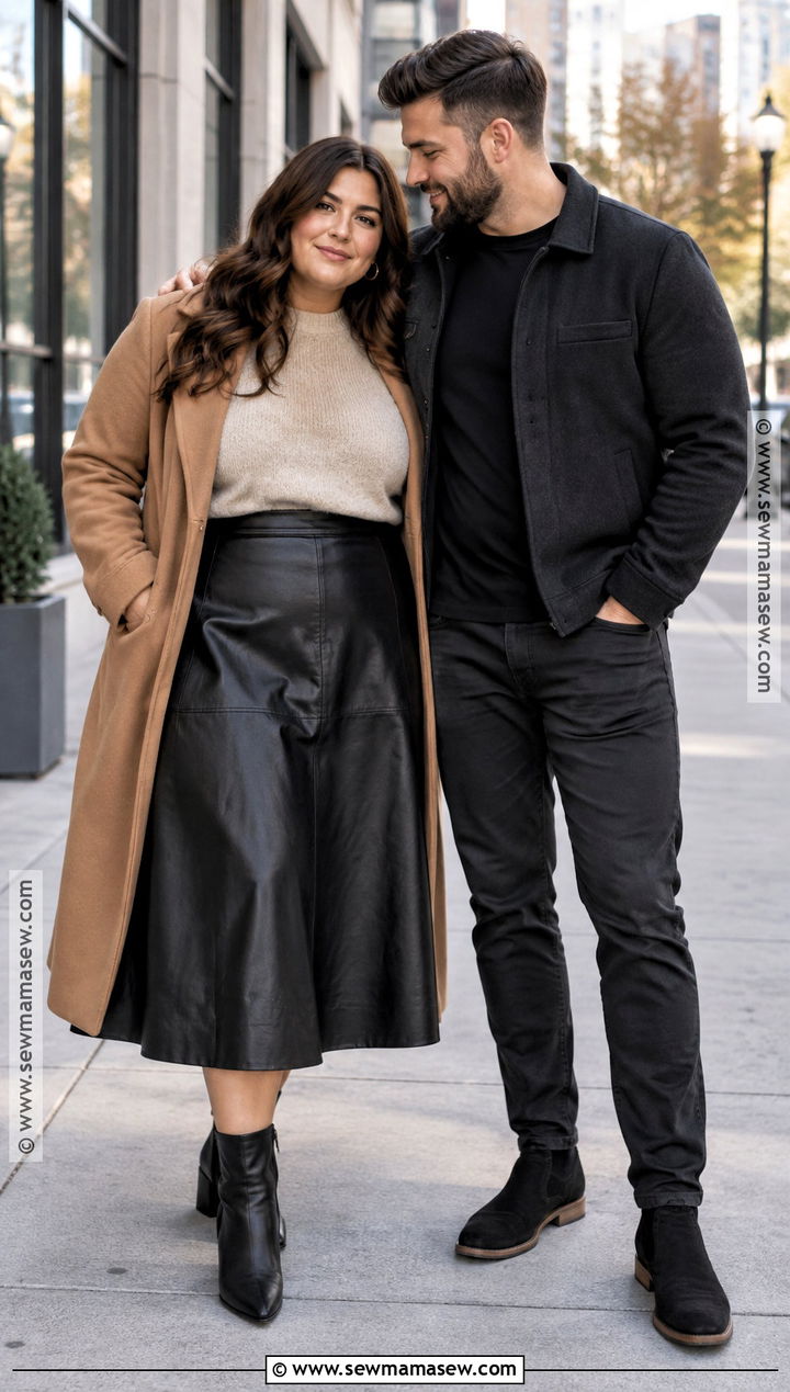 Faux Leather Skirt And Sweater Engagement Photo Outfit - 20 plus size engagement photos outfits fall