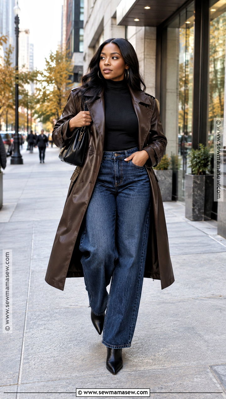 Faux Leather Trench And Barrel Jeans Fall Outfit - 30 fall outfits for black women