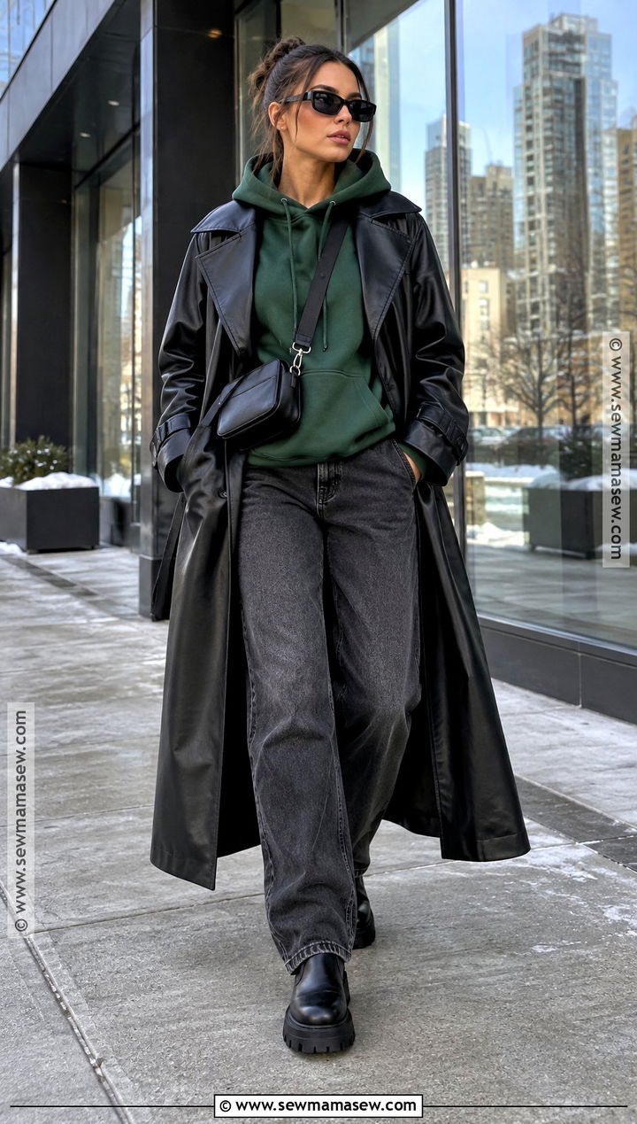 Faux Leather Trench With Hoodie And Black Jeans - 20 streetwear fall ideas