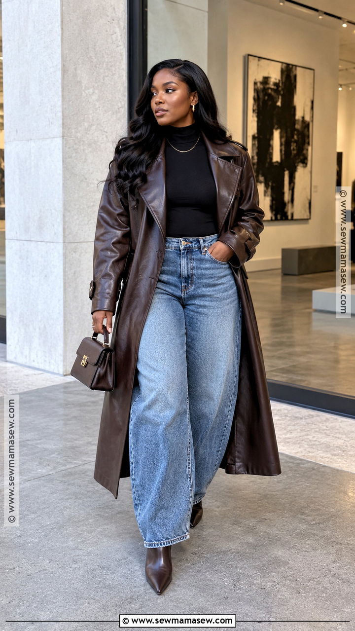 Faux Leather Trench and Barrel Jeans Fall Outfit - 20 fall outfits for black women
