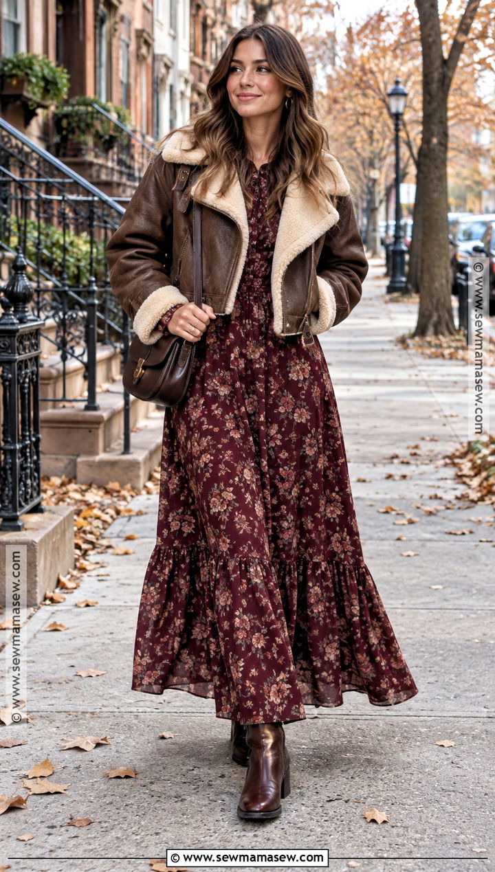 Faux Shearling Jacket And Maxi Dress Fall Boho Outfit - 25 fall boho outfits