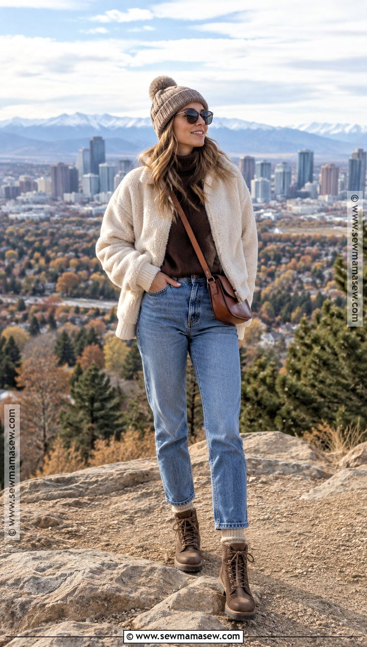 Faux Shearling Jacket With Mock Neck Sweater And Jeans - 15 denver colorado november outfits