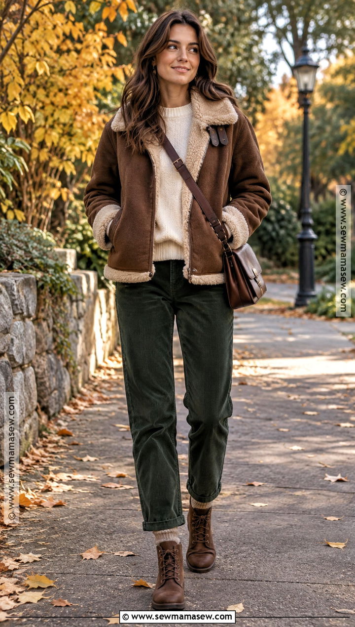 Faux Shearling Jacket With Sweater And Corduroy Jeans - 15 Warm November Outfits