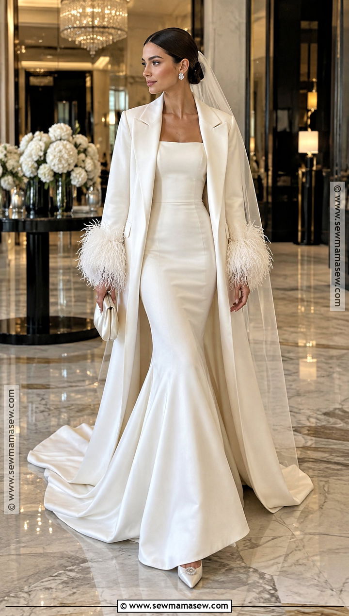 Feather Trim Coat With Fitted Wedding Dress - 15 Wedding Dress Coat Fall Ideas