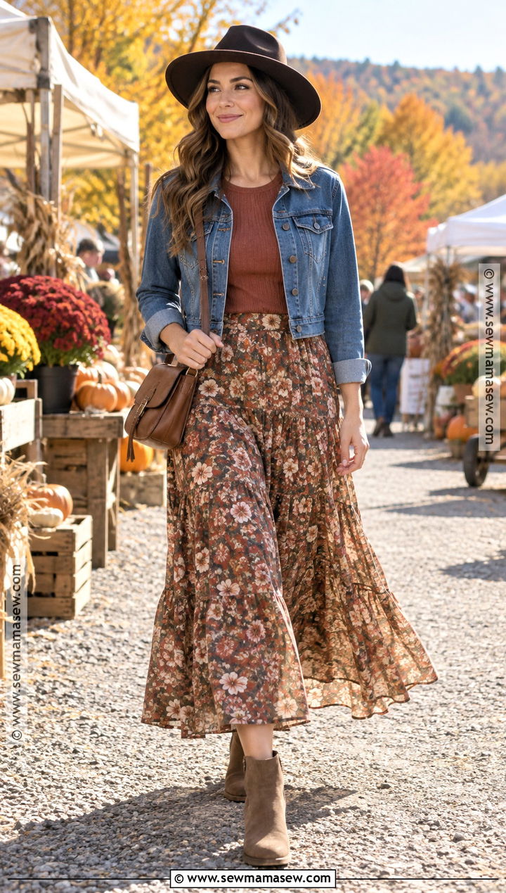 Felt Rancher Hat With Denim Jacket And Maxi Skirt - 15 Fall Fashion Hat Ideas