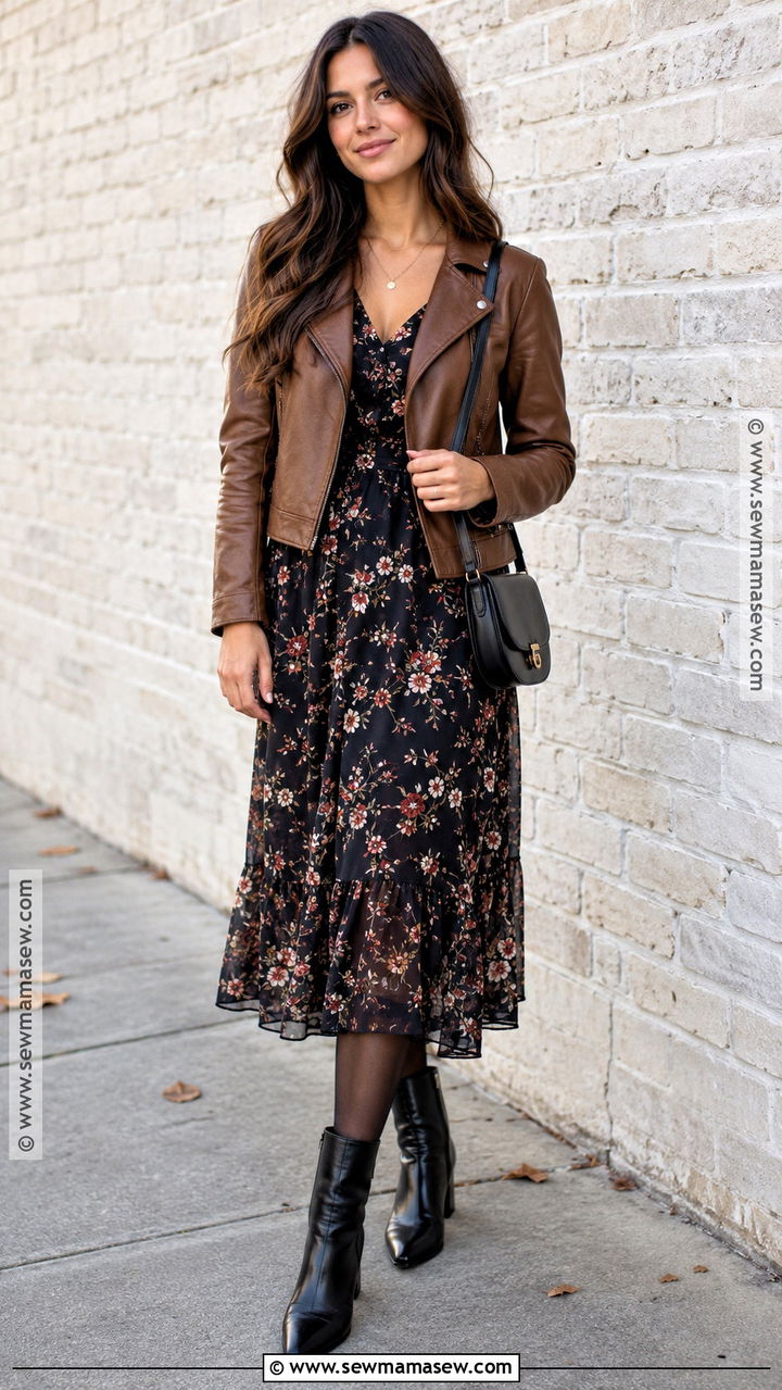 Feminine Autumn Leather Jacket And Floral Dress Outfit - 20 Autumn Outfits Feminine