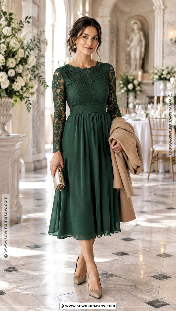 Fern Green Lace Sleeve Midi Dress - 15 fall green wedding guest dress ideas