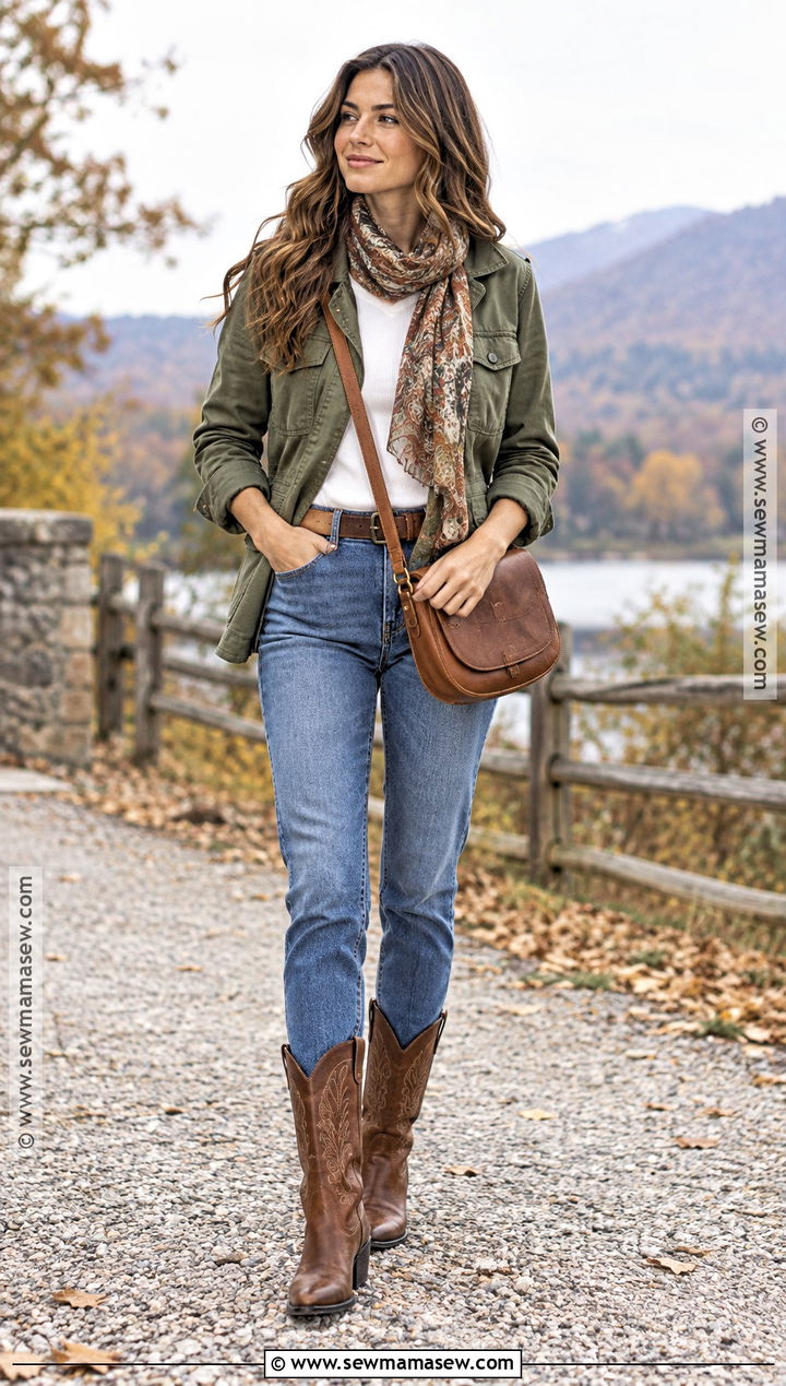 Field Jacket And Jeans With Western Tall Boots - 20 tall boot fall outfits