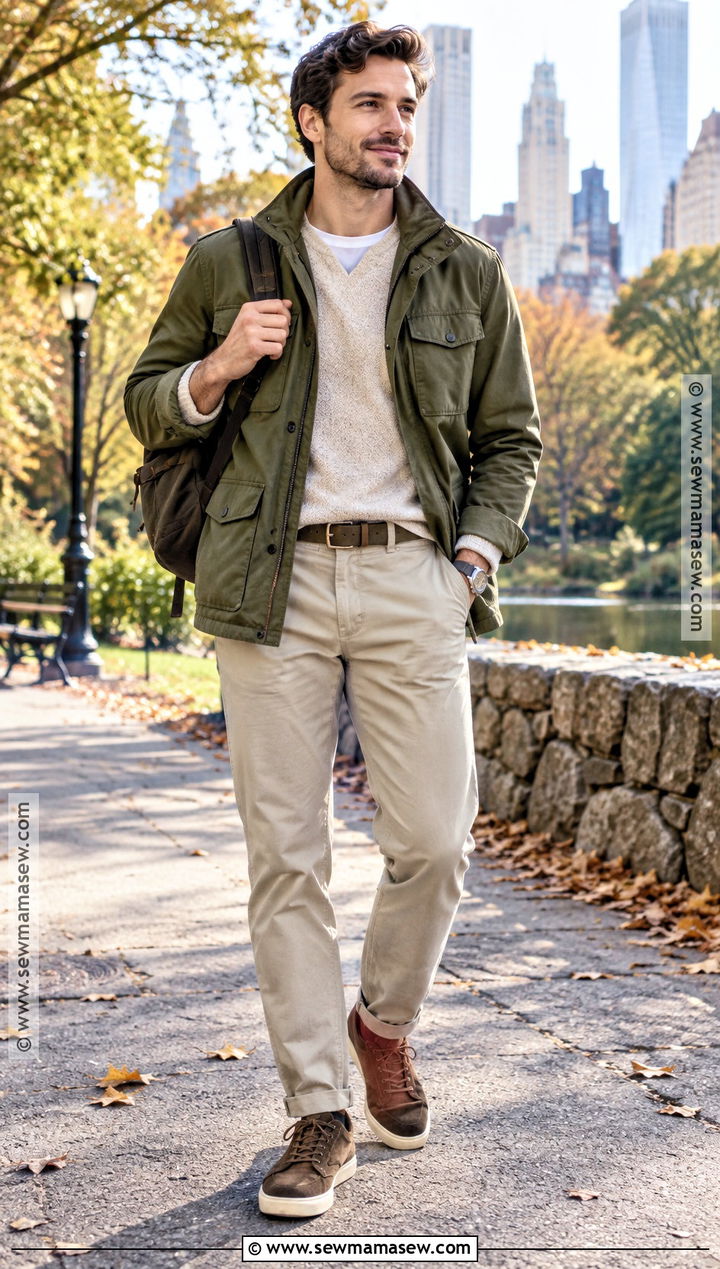 Field Jacket Crewneck Sweater And Chinos Outfit - 20 men fall outfits casual street style
