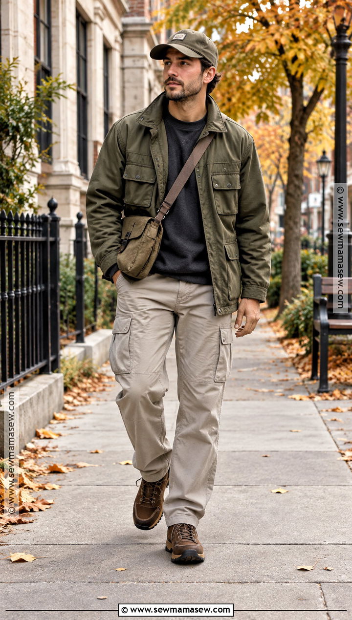Field Jacket Crewneck Sweatshirt and Cargo Pants Outfit - 15 Casual Mens Fall Outfits
