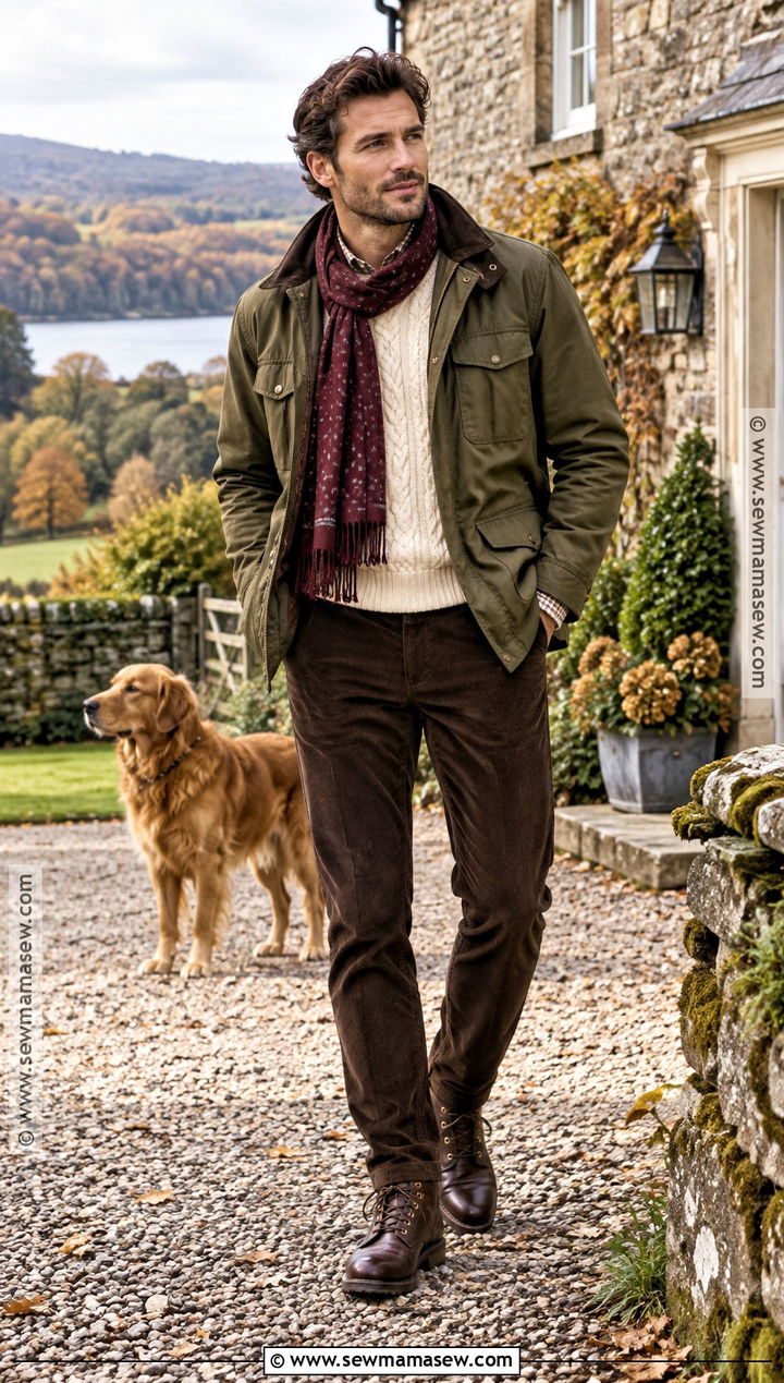 Field Jacket With Cable Knit Sweater And Brown Boots - 15 country fall outfits for men