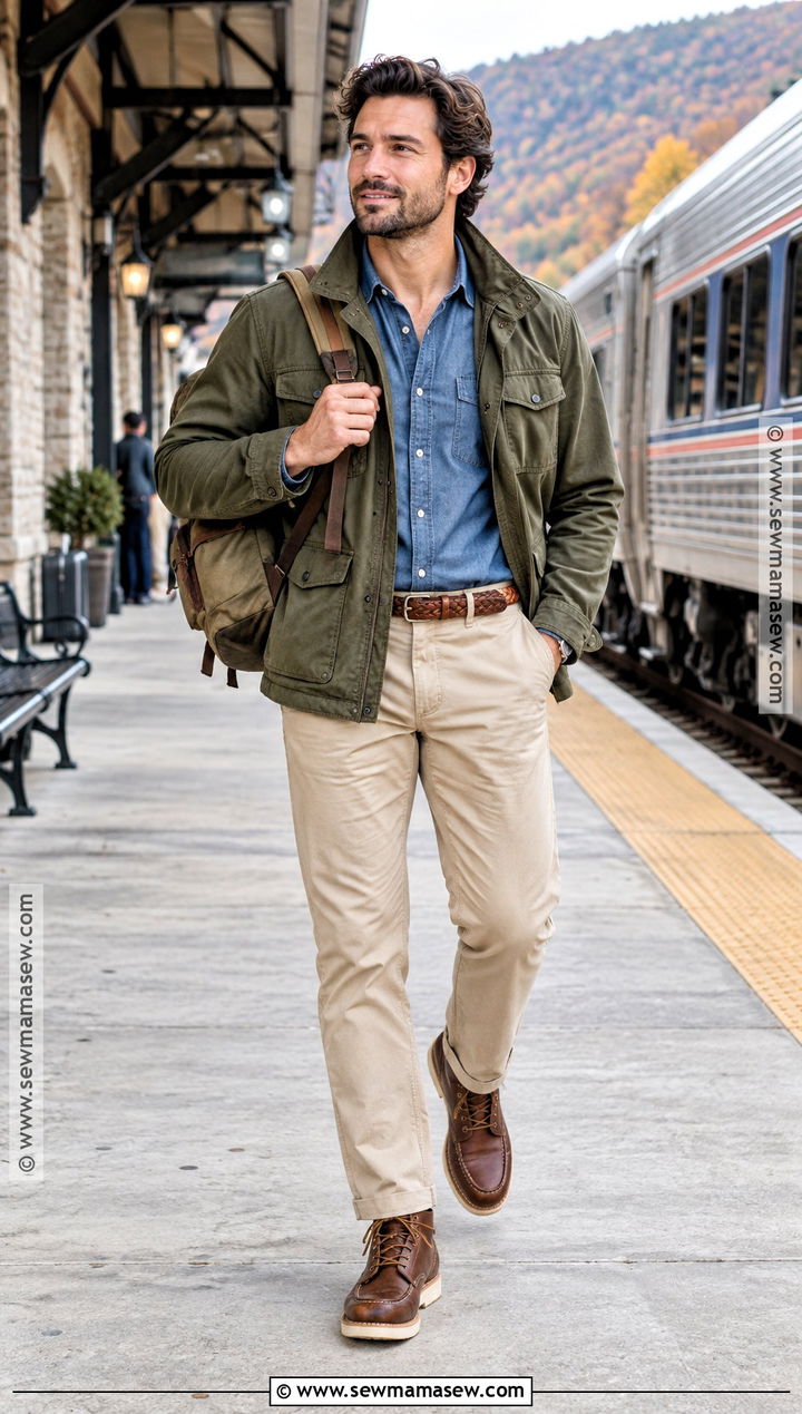 Field Jacket With Chambray Shirt And Khaki Pants - 20 Mens Casual Fall Outfits