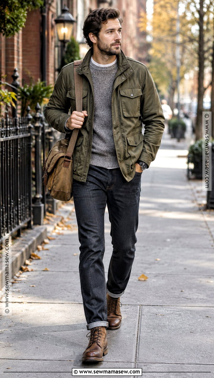 Field Jacket With Crewneck Sweater And Dark Denim - 20 fall jackets for men
