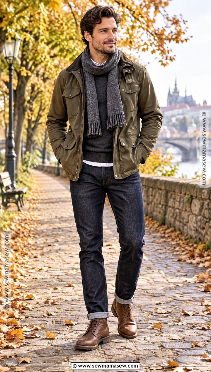 Field Jacket With Crewneck Sweater And Jeans - 20 mens outfits autumn
