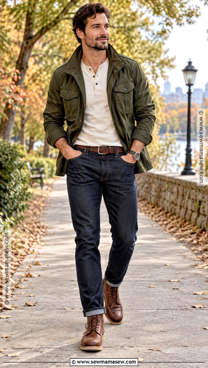 Field Jacket With Henley and Dark Denim - 20 fall outfits for men casual