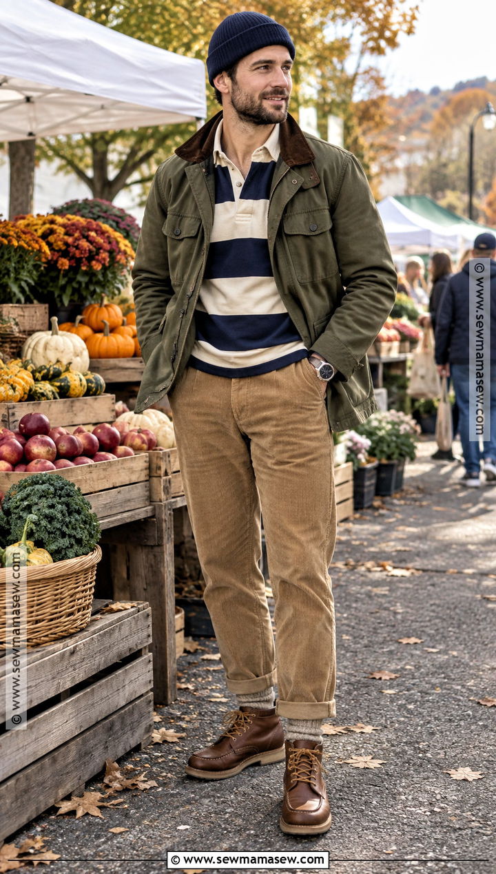 Field Jacket With Rugby Shirt and Corduroy Pants - 20 Men Autumn Outfit Casual Ideas