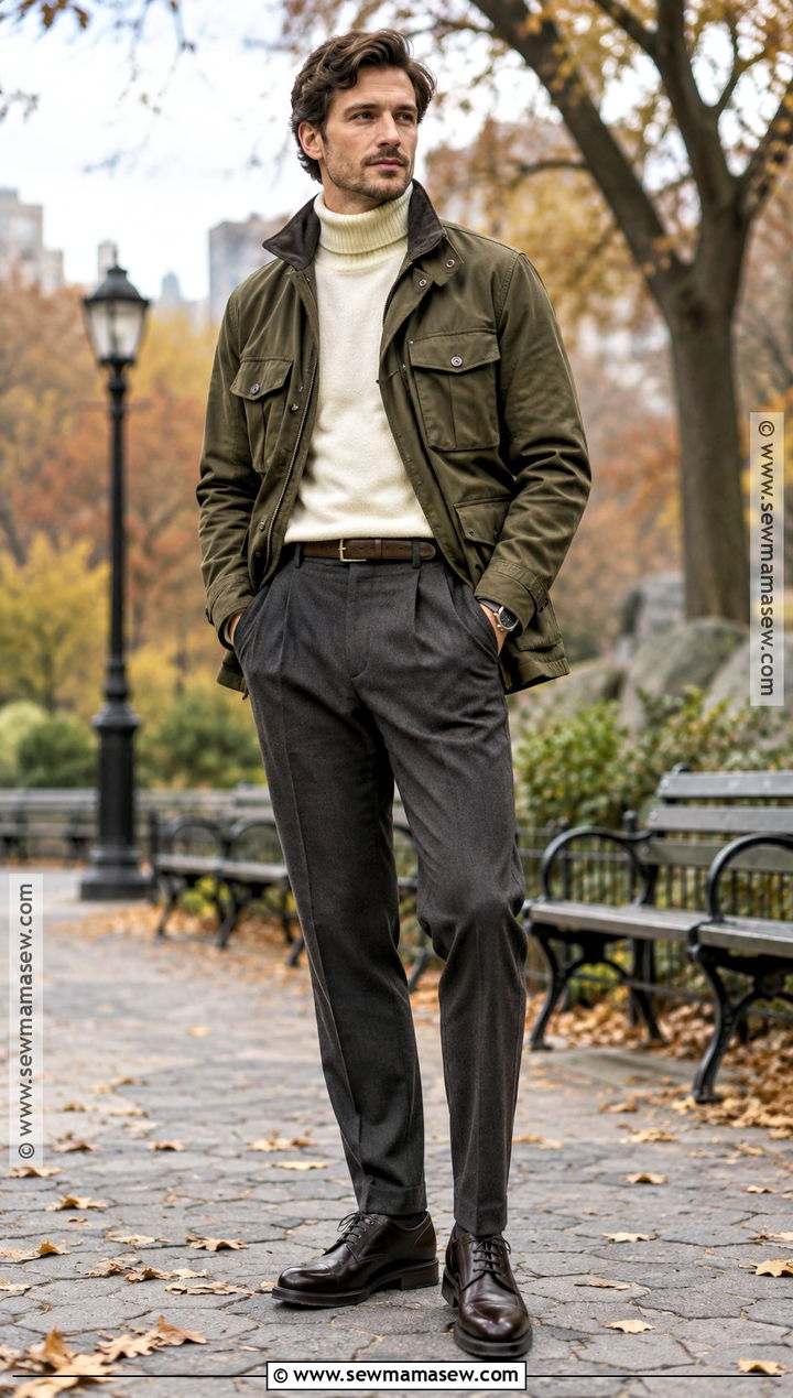 Field Jacket With Turtleneck And Pleated Trousers - 15 dapper fall outfits for men