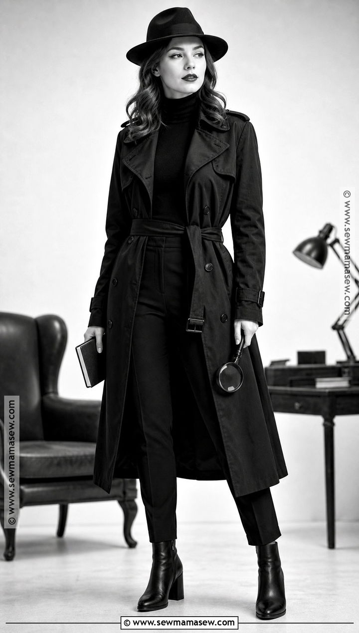 Film Noir Detective Costume With Black Trench Coat - 30 All Black Halloween Costume Ideas for Women