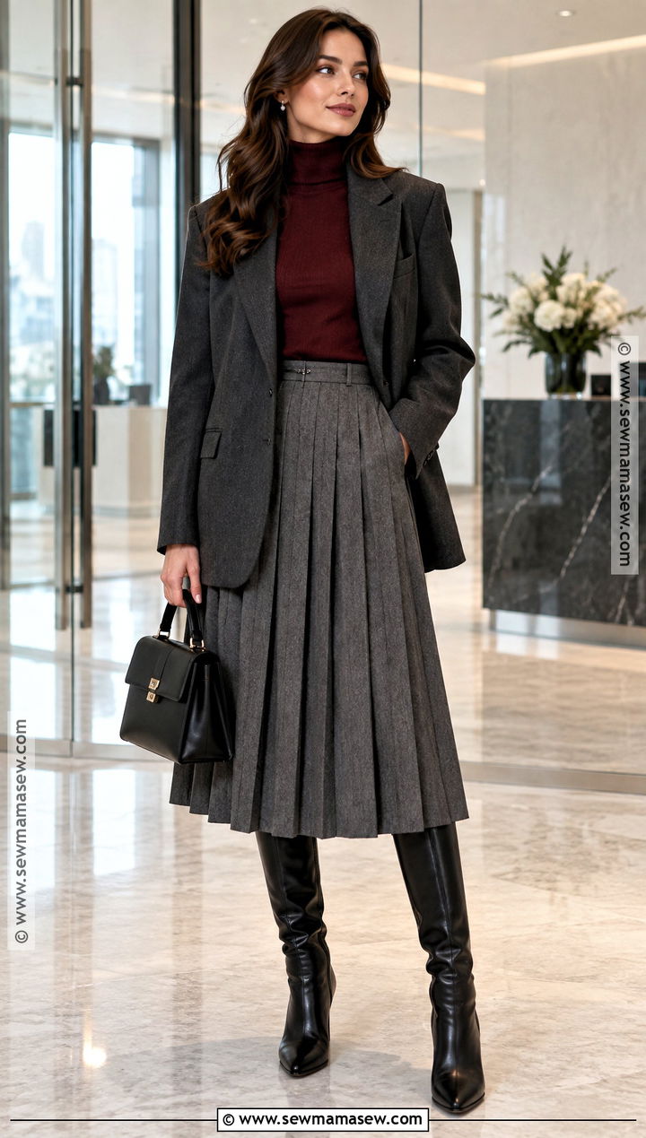 Fine Gauge Turtleneck With Blazer And Midi Skirt - 15 fall knitwear collection ideas