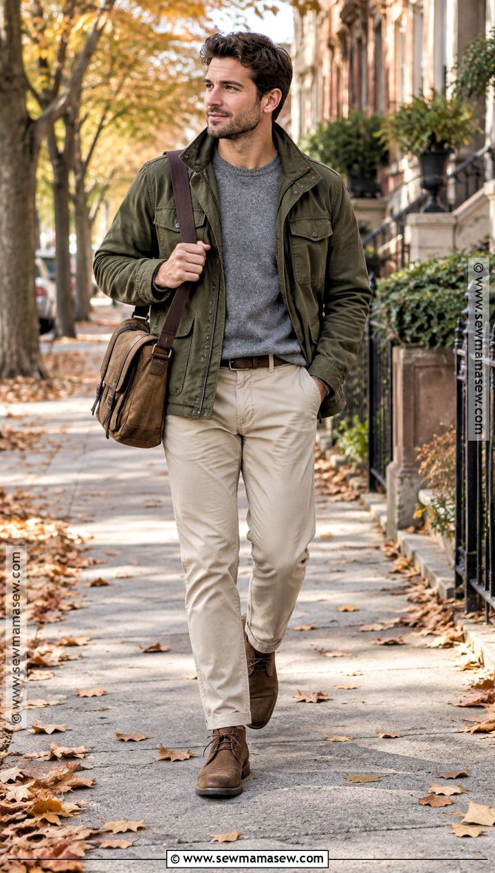 Fine Knit Sweater With Field Jacket And Chinos - 15 autumn sweater ideas for men