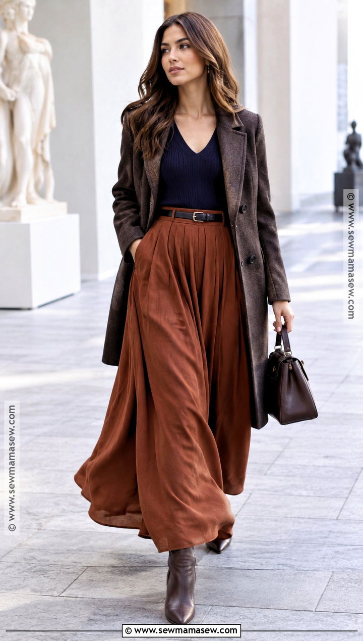 Fine Knit Sweater With Full Maxi Skirt - 20 inverted triangle fall outfits