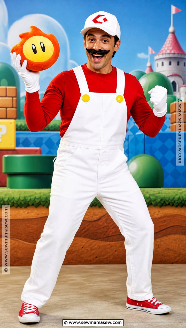 Fire Mario Costume With White Overalls - 30 super mario costume ideas