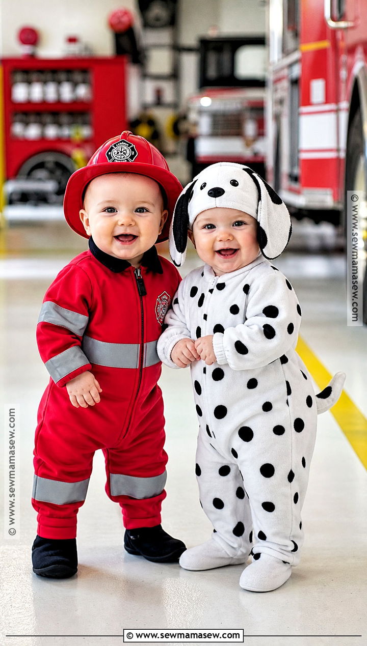 Firefighter And Dalmatian Twin Baby Costume - 30 twin halloween costumes for babies