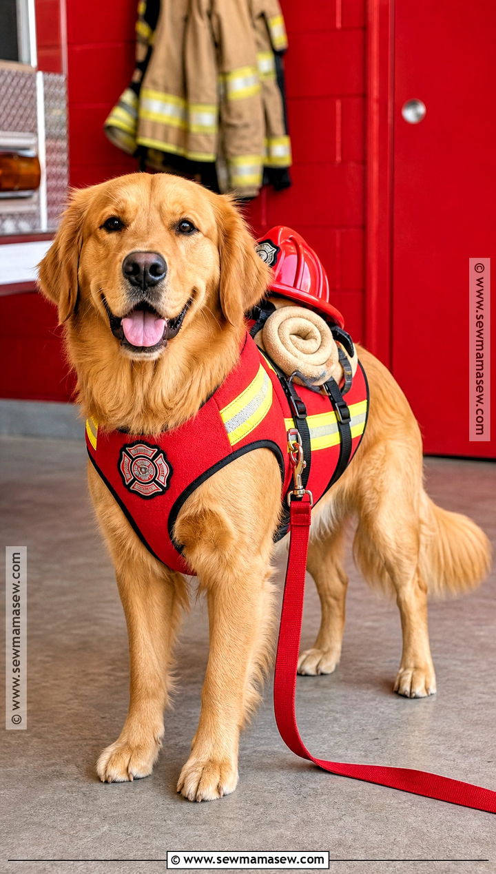 Firefighter Dog Costume With Red Vest - 35 dog costume ideas