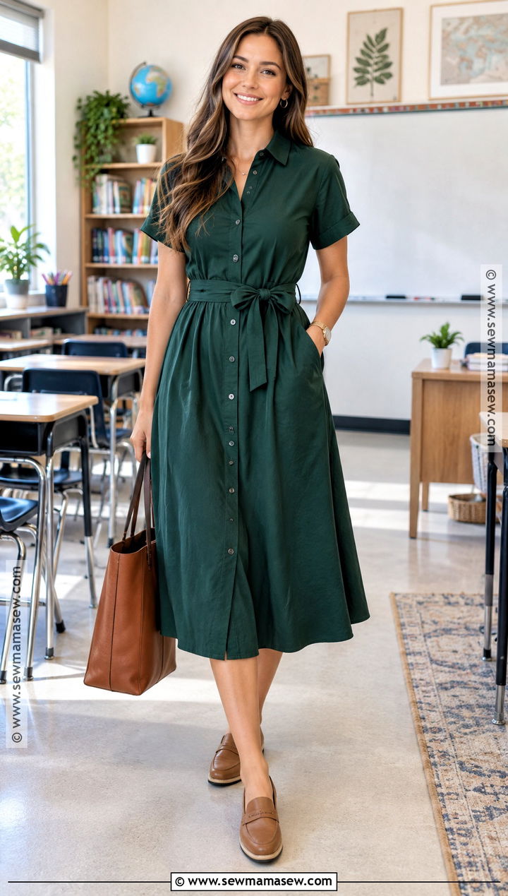 First Day Teacher Outfit With Midi Dress And Loafers - 15 teachers back to school outfits