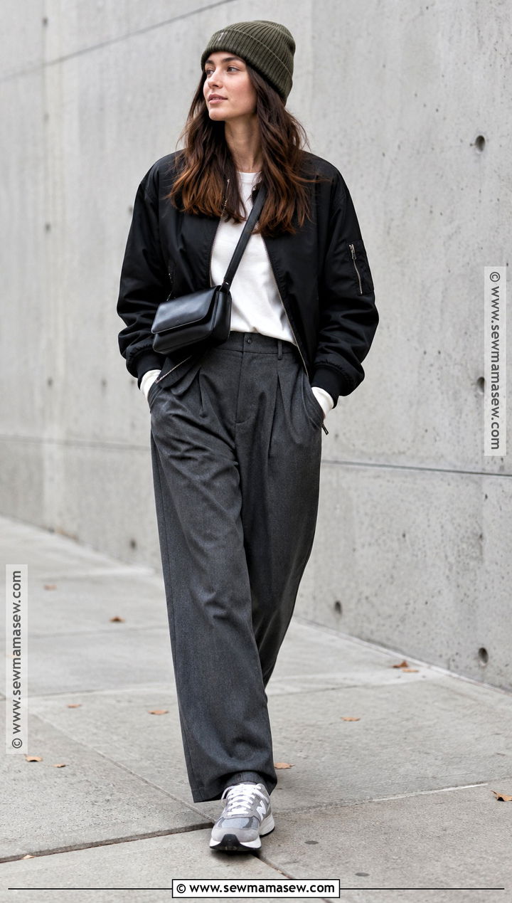Fisherman Beanie With Bomber Jacket And Trousers - 20 Fall Hats For Women Outfits