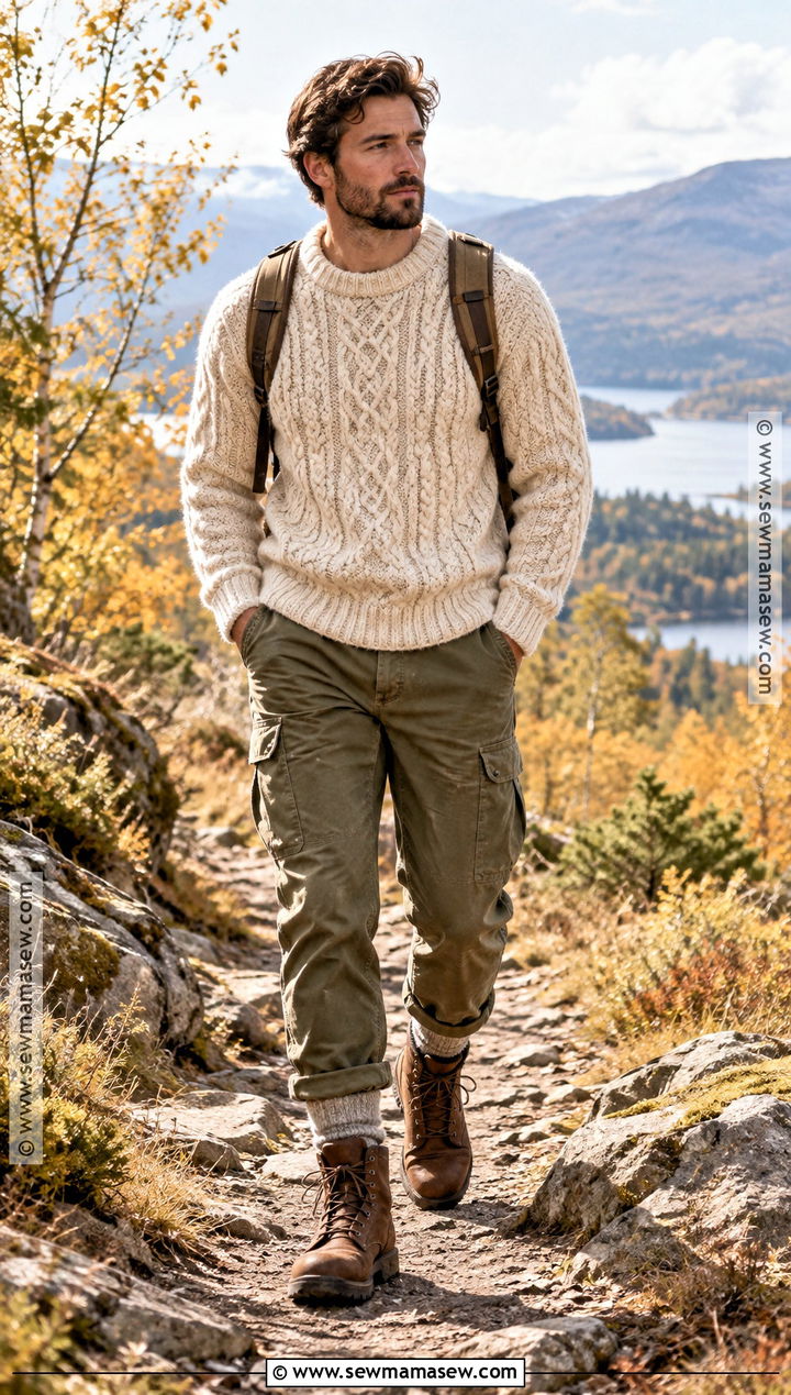 Fisherman Sweater With Fatigue Pants And Hiking Boots - 15 autumn sweater ideas for men