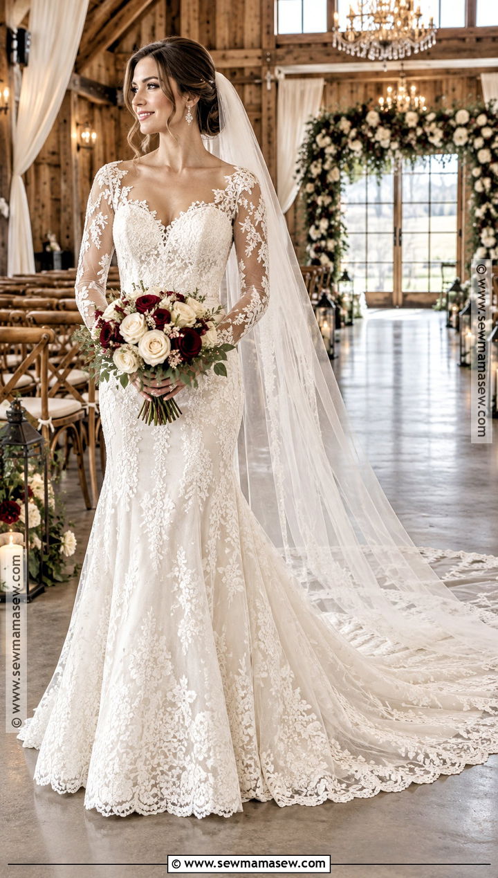 Fit And Flare Lace Long Sleeve Wedding Dress - 15 rustic fall wedding dress lace long sleeve ideas