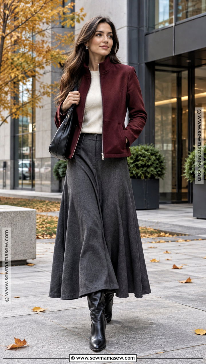 Fitted Funnel Neck Jacket With Maxi Skirt - 15 warm fall jacket ideas
