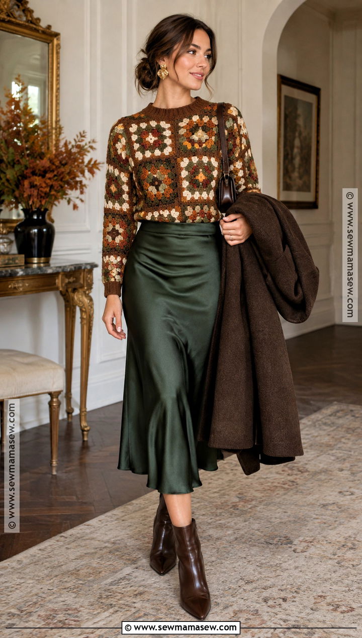 Fitted Granny Square Sweater With Satin Midi Skirt - 15 Fall Granny Square Sweater Ideas