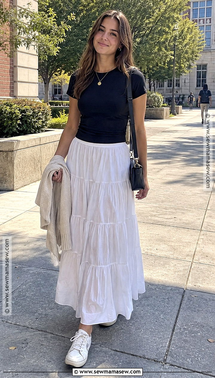 Fitted T Shirt And Tiered Maxi Skirt Outfit - 25 back to school outfits summer