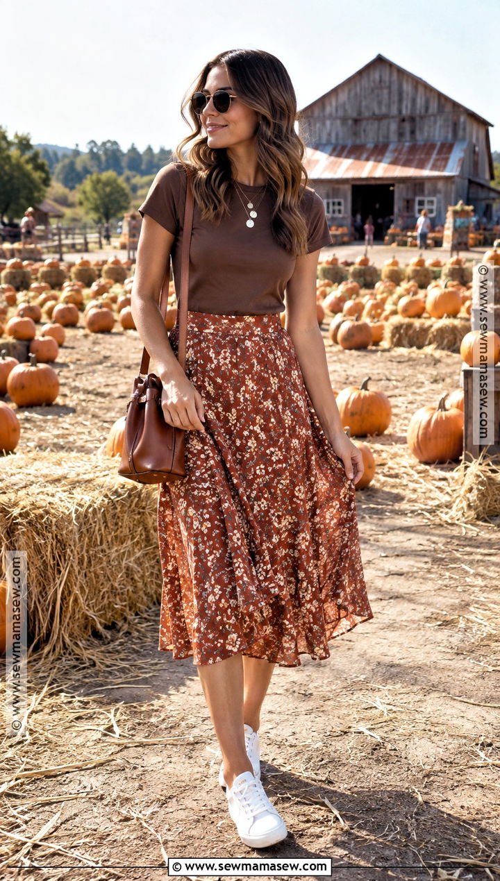 Fitted Tee And Midi Skirt Pumpkin Patch Outfit - 20 Pumpkin Patch Outfit Ideas Hot Weather
