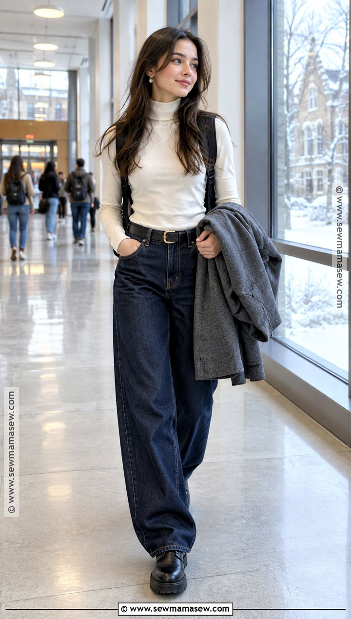 Fitted Turtleneck And Baggy Jeans Outfit - 20 Back To School Outfits Baggy Jeans