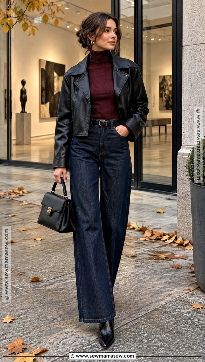 Fitted Turtleneck Wide Leg Jeans and Pointed Toe Boots - 20 Fall Boots Outfit Jeans