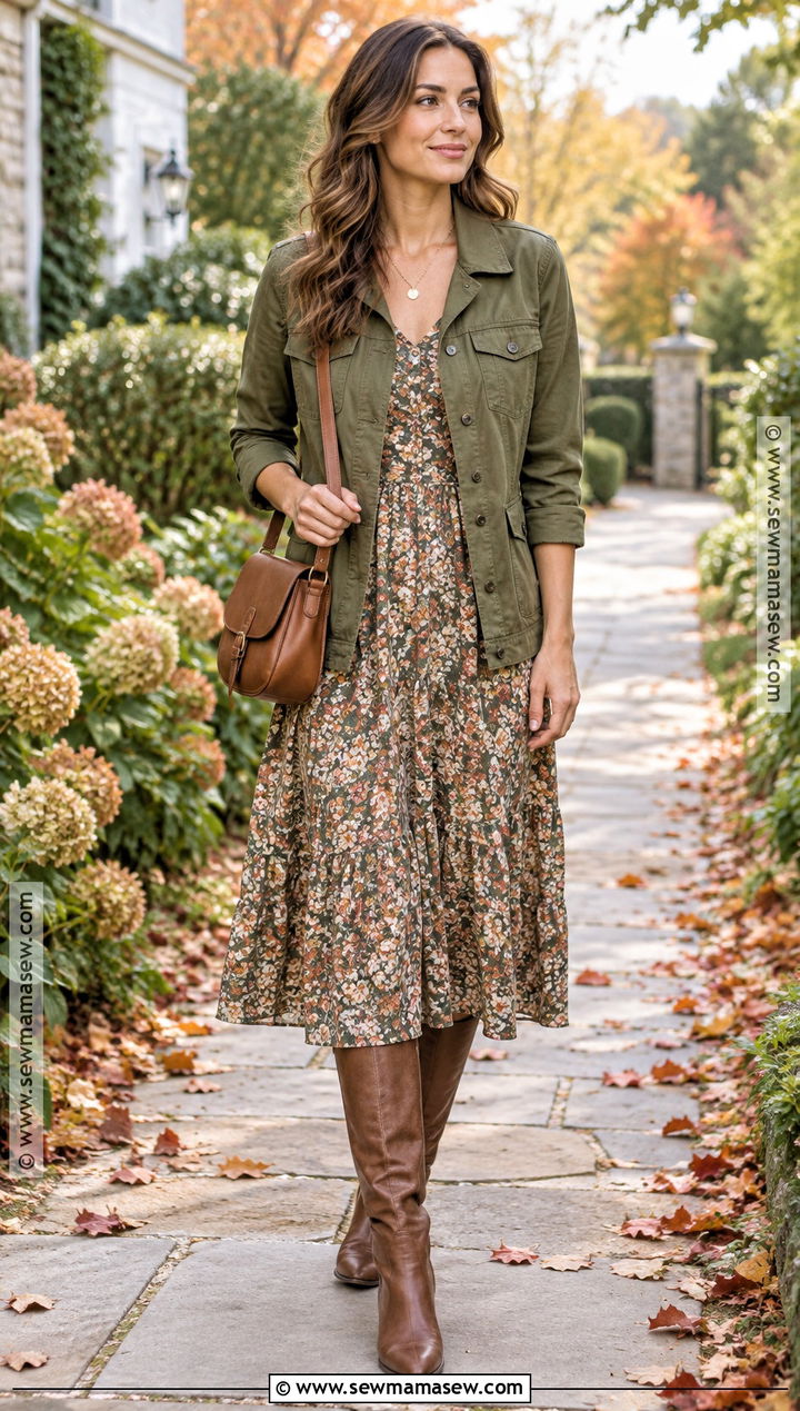 Fitted Utility Jacket With Floral Midi Dress - 15 women fall jackets