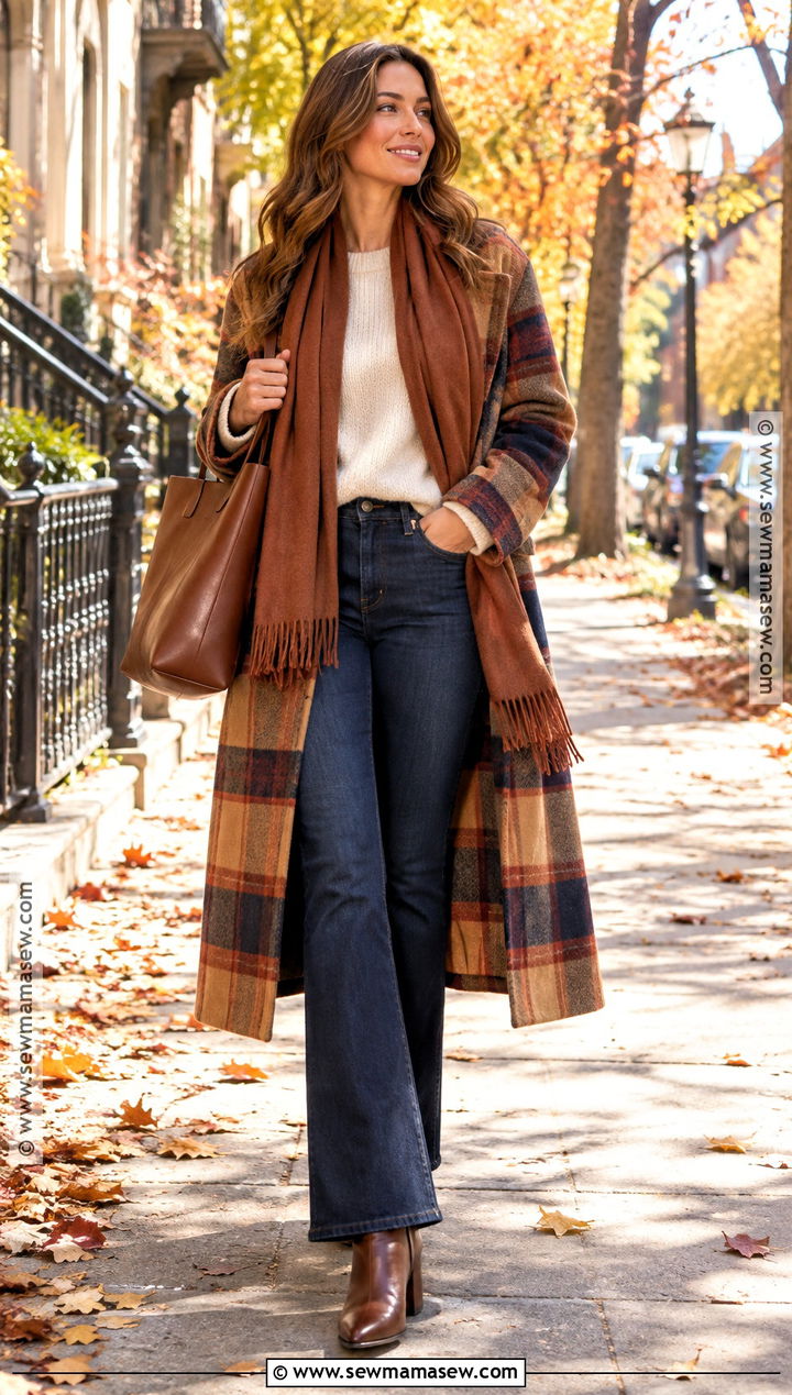 Flamboyant Natural Plaid Coat And Bootcut Jeans Outfit - 15 flamboyant natural fall outfits