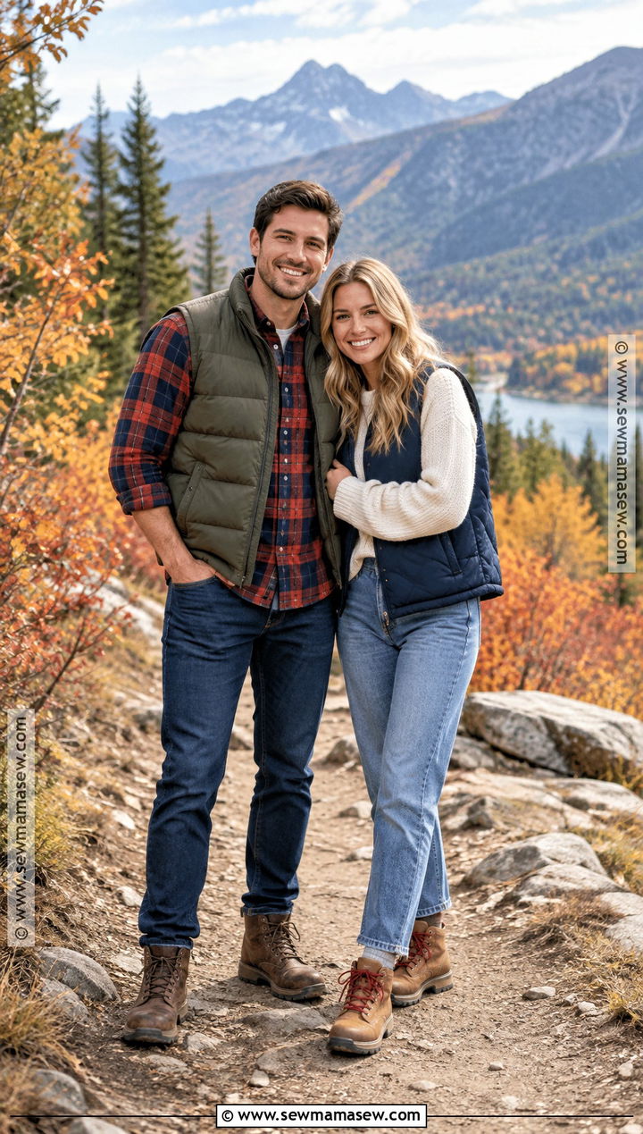 Flannel And Puffer Vest Couples Outfit - 15 couples fall photoshoot outfits flannel