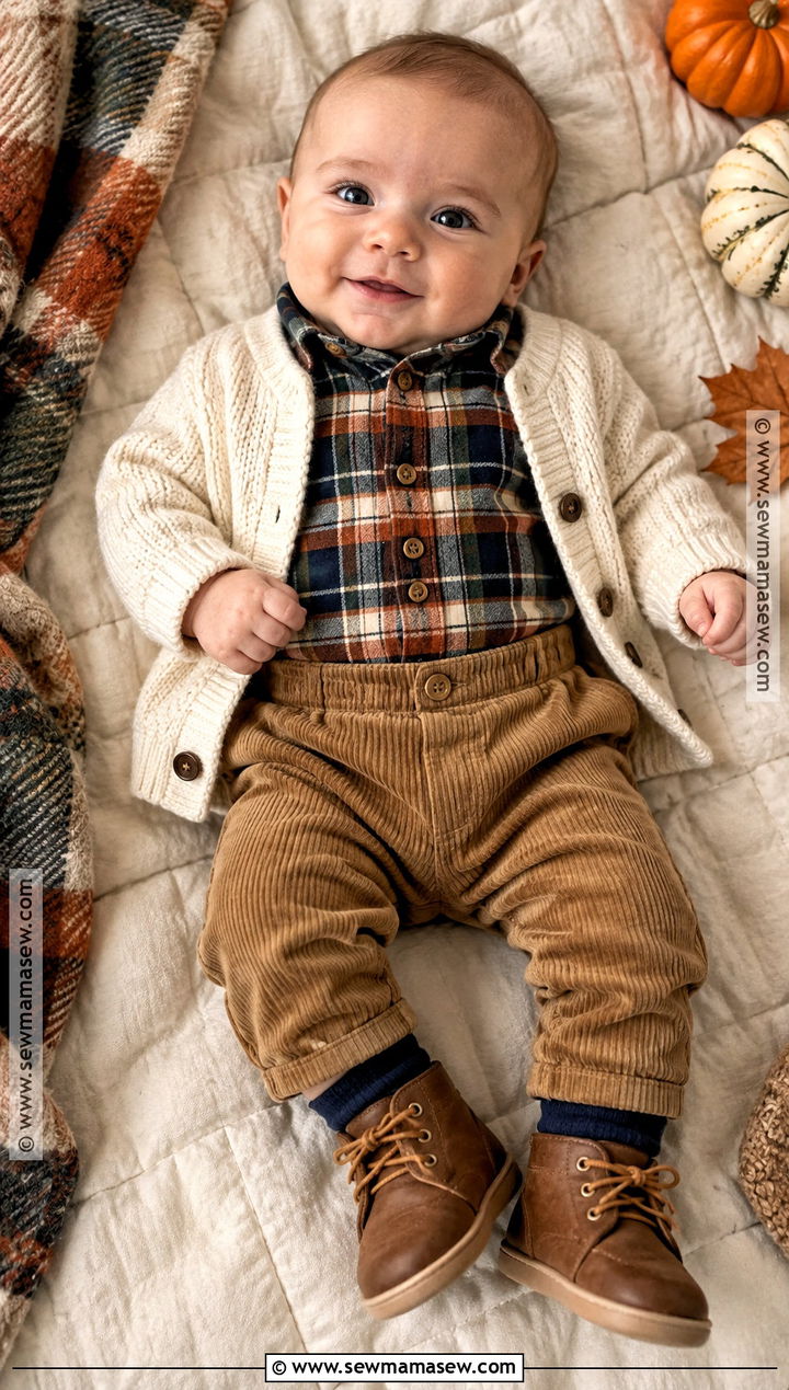 Flannel Bodysuit and Corduroy Pants Newborn Boy Outfit - 15 fall newborn outfits for boys