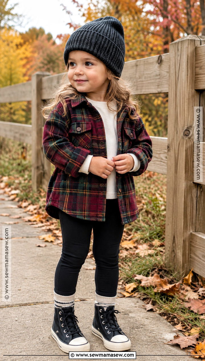 Flannel Jacket And Black Leggings Toddler Fall Outfit - 25 fall toddler outfits