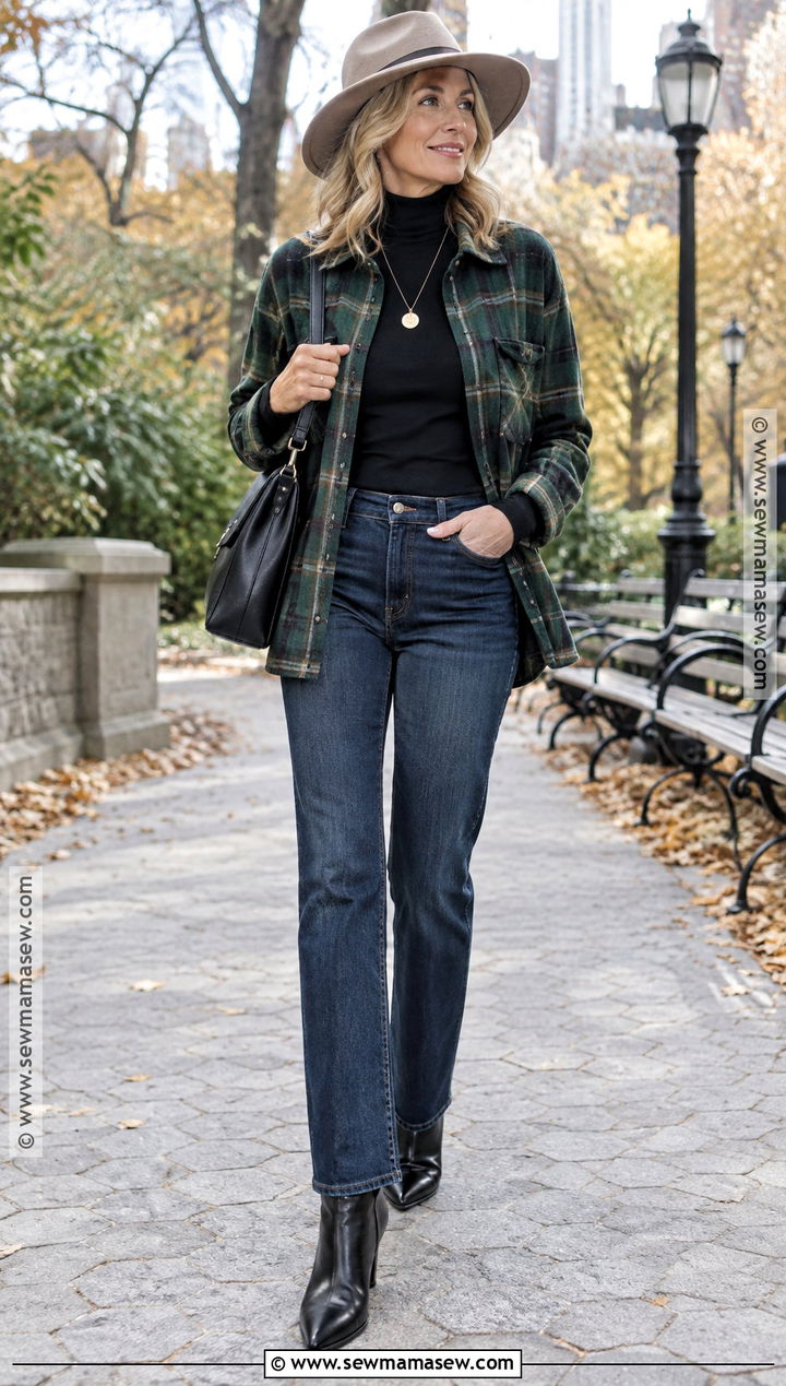 Flannel Over Turtleneck and Jeans - 15 Fall Outfits 2026 Flannel