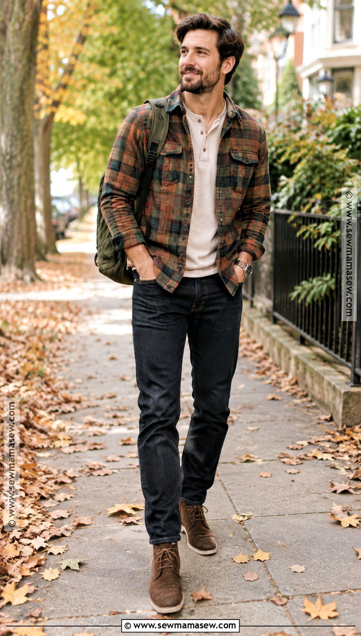 Flannel Overshirt And Dark Jeans Outfit - 15 fall male fashion ideas