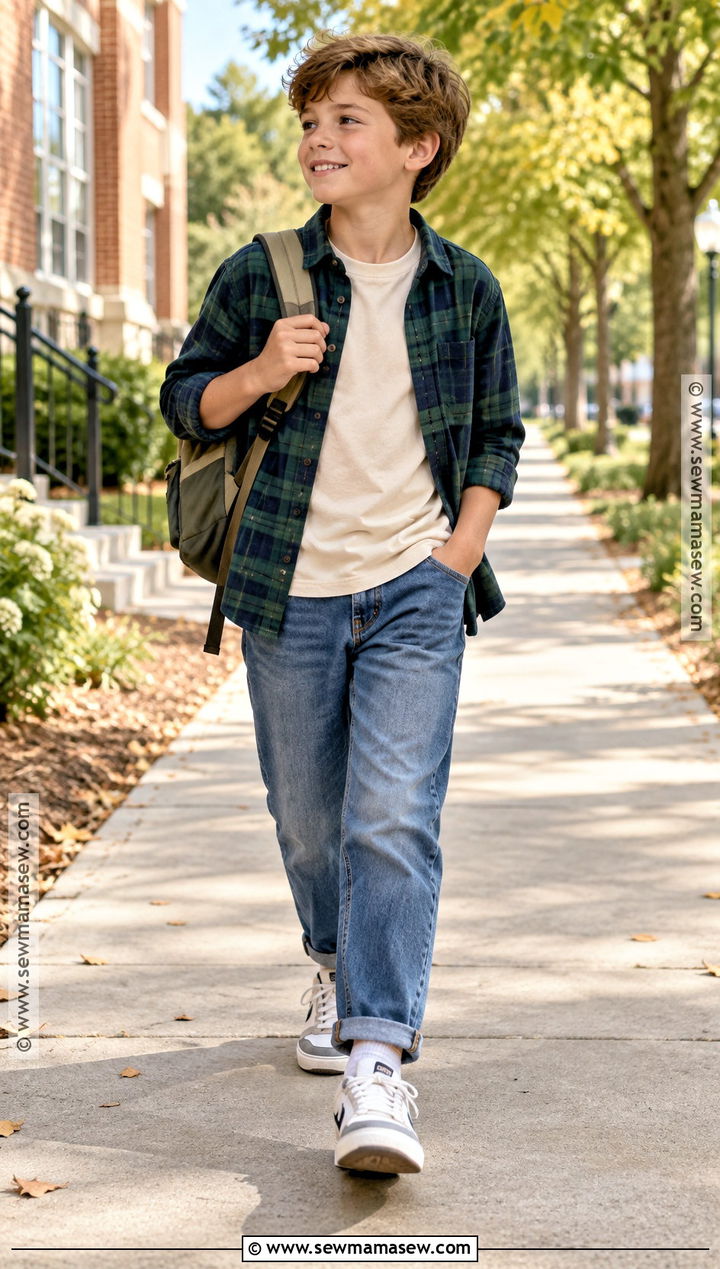 Flannel Overshirt And T Shirt Back To School Outfit - 15 Back To School Capsule Wardrobe Ideas for Kids
