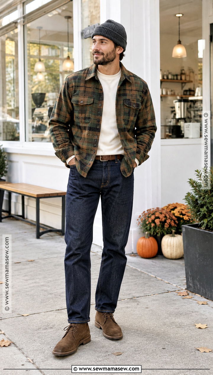 Flannel Overshirt With T Shirt And Dark Jeans - 15 Male Outfits Autumn